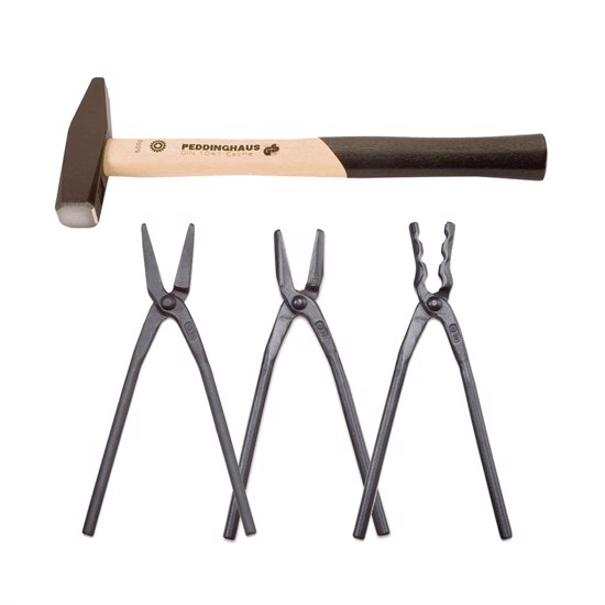 Blacksmith tool kit - 3 tongs + 1 hammer